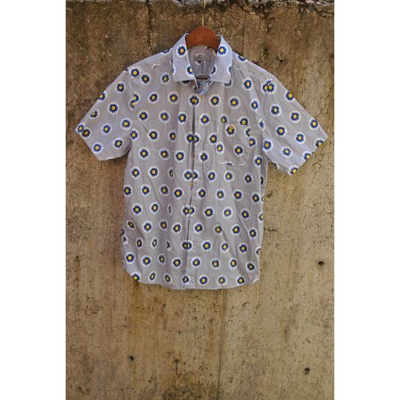 Ted Baker London Grey Short Sleeve Shirt w/ Blue & Yellow Daisy Print – Size 4 L - Picture 1 of 5